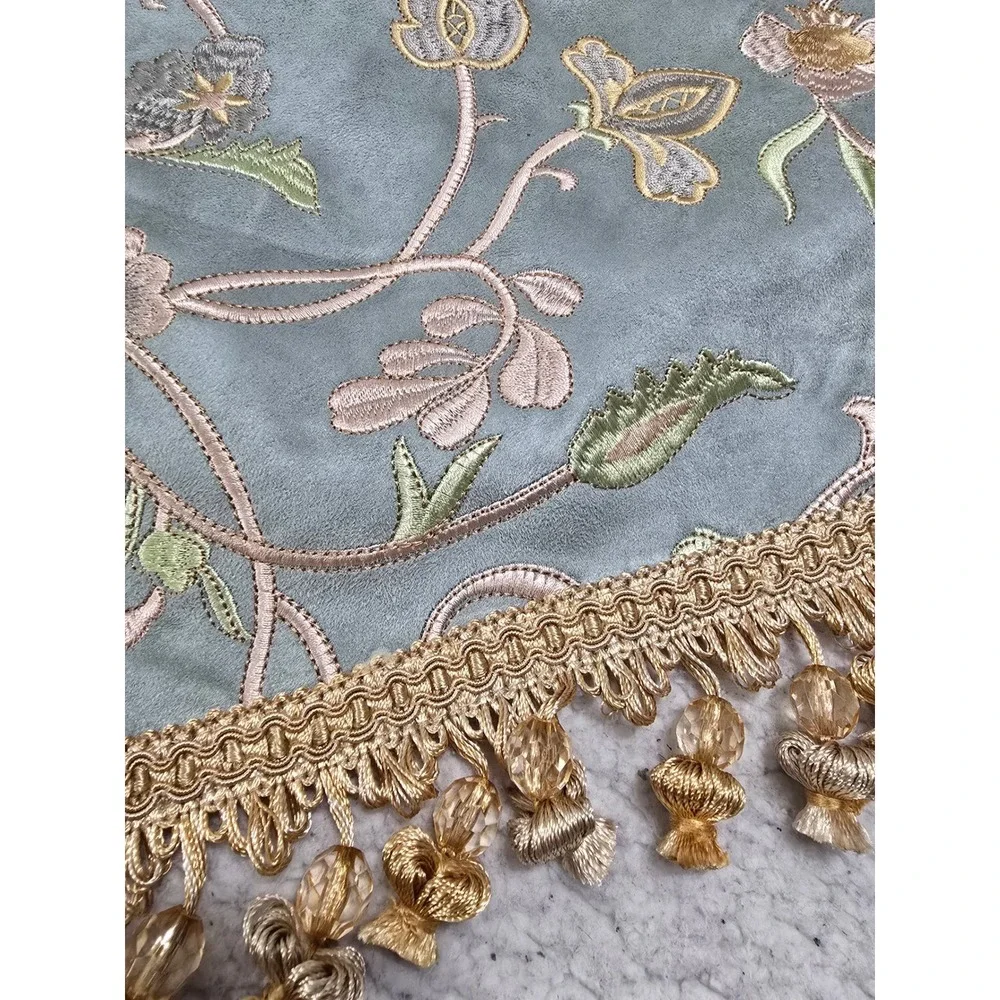 Canaan Company Sage Green Faux Suede Embroidered Floral Beaded Tassel Table Run